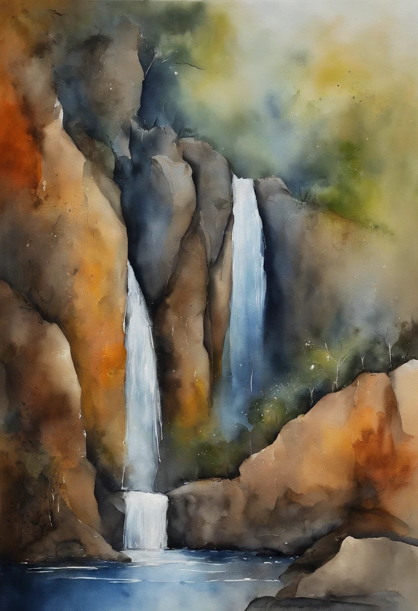 An abstract art watercolor erotic painting,cores vivas, marcas de pincel. oil-painting, pontilhado. Pintura a tinta,de um homem sem roupas,pelado,na penumbra, repousando em uma rocha,deitado na rocha,em meio a natureza, behind him a waterfall, tardezinha,Slender, virile and muscular body, homem pelado deitado na grama