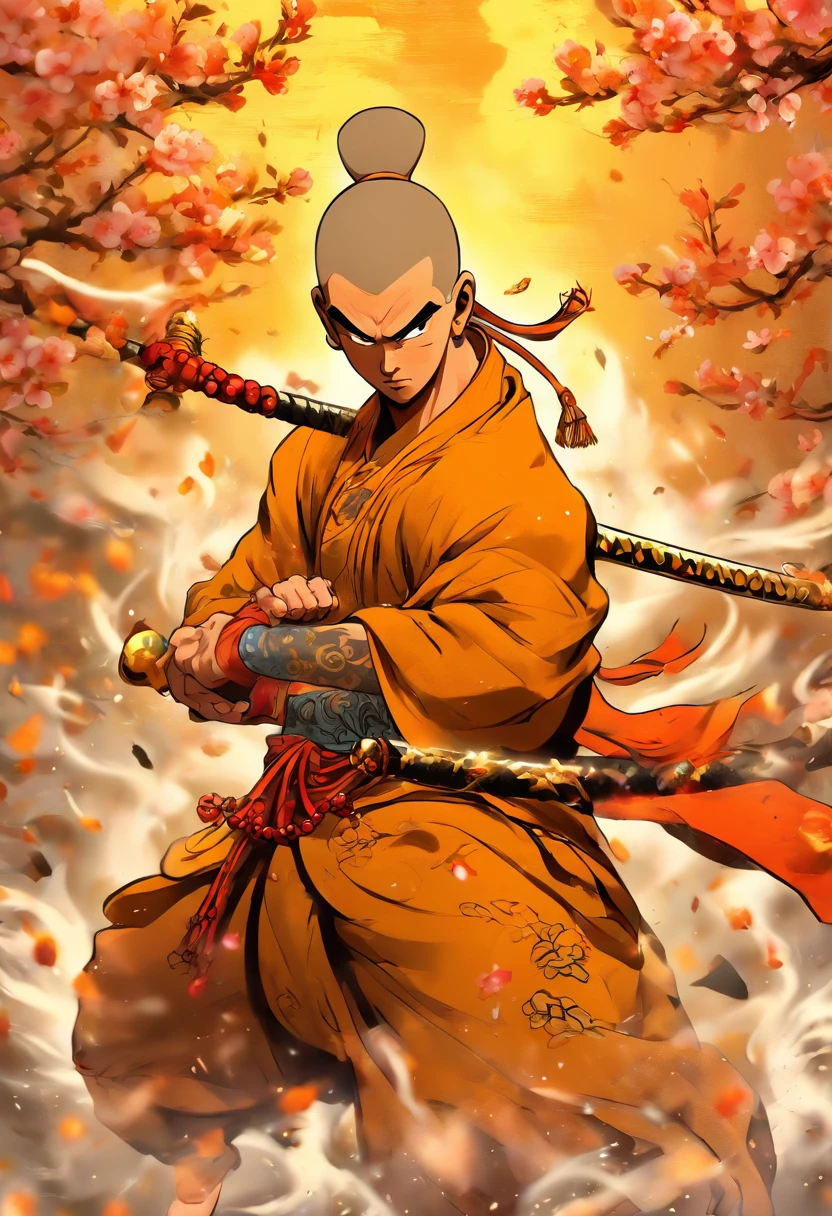 A brave and powerful shaolin monk warrior, wearing highly detailed traditional shaolin monk robes and prayer beads, tons of tattoos and piercings, wielding a golden battle staff, in shaolin monastery, cherry blossoms blowing in the wind, highly detailed background, perfect masterpiece, high quality, high resolution
