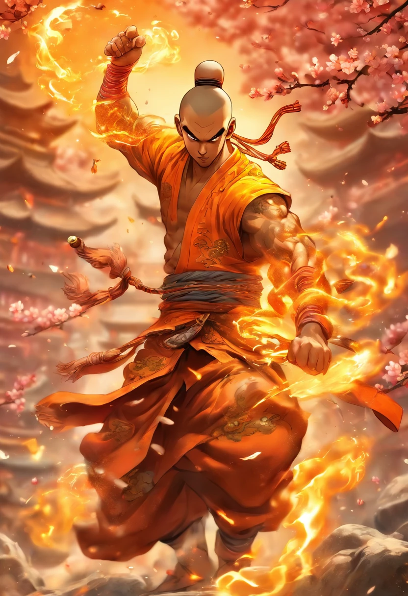 A brave and powerful shaolin monk warrior, wearing highly detailed traditional shaolin monk robes and prayer beads, tons of tattoos and piercings, wielding a golden battle staff, in shaolin monastery, cherry blossoms blowing in the wind, highly detailed background, perfect masterpiece, high quality, high resolution
