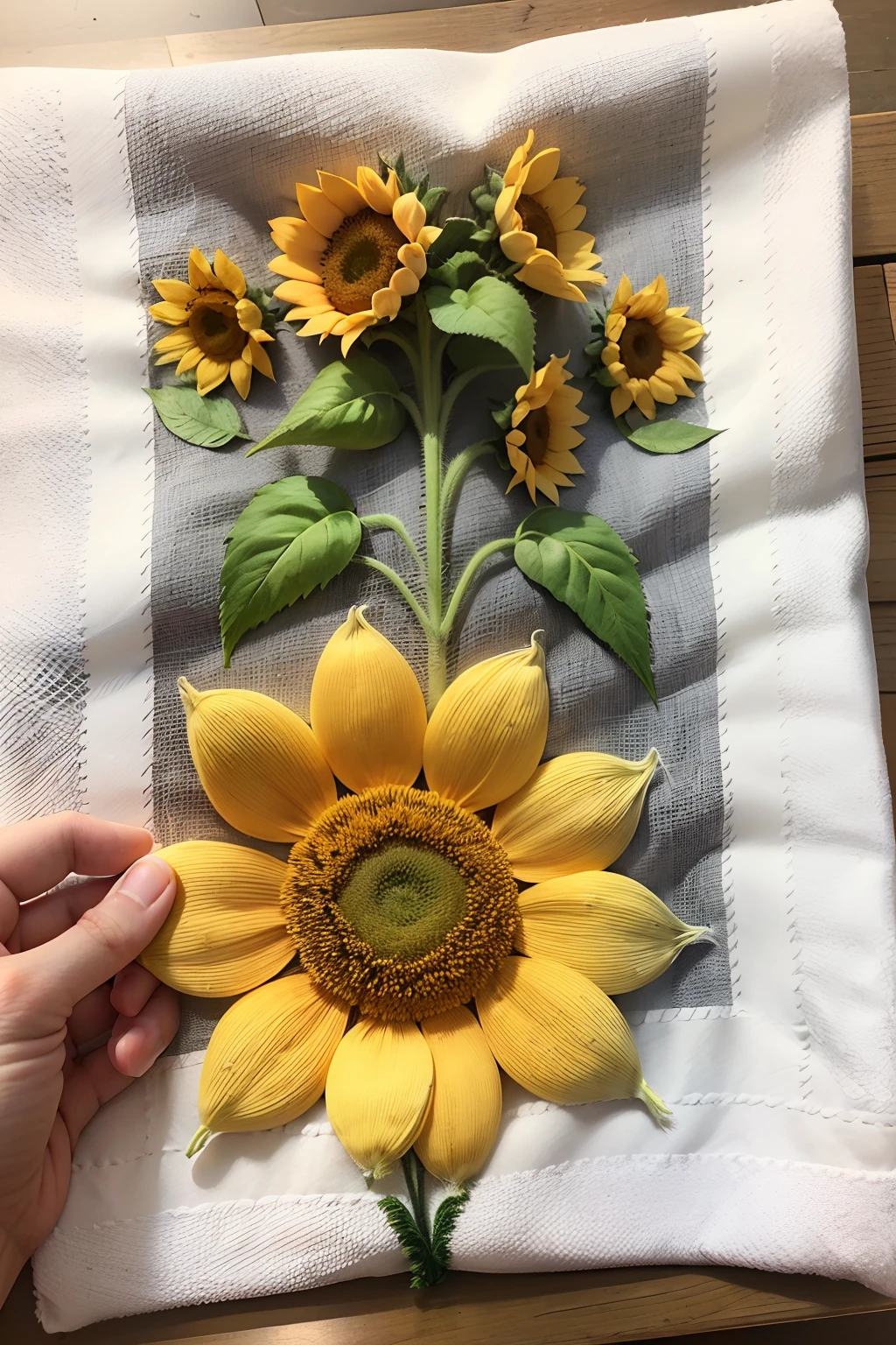 A white tea towel with an embroidered sunflower --auto --s2