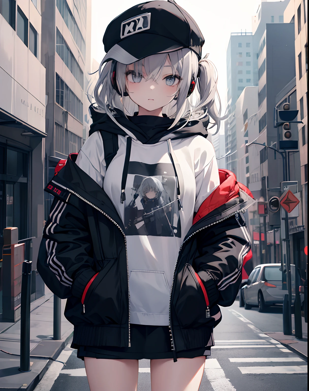 masterpiece,1girl, long messy grey hair, headset,solo,hoodie,off shoulder:1.2, mob cap, street,hand on hip, hand in pocket, black cool jacket