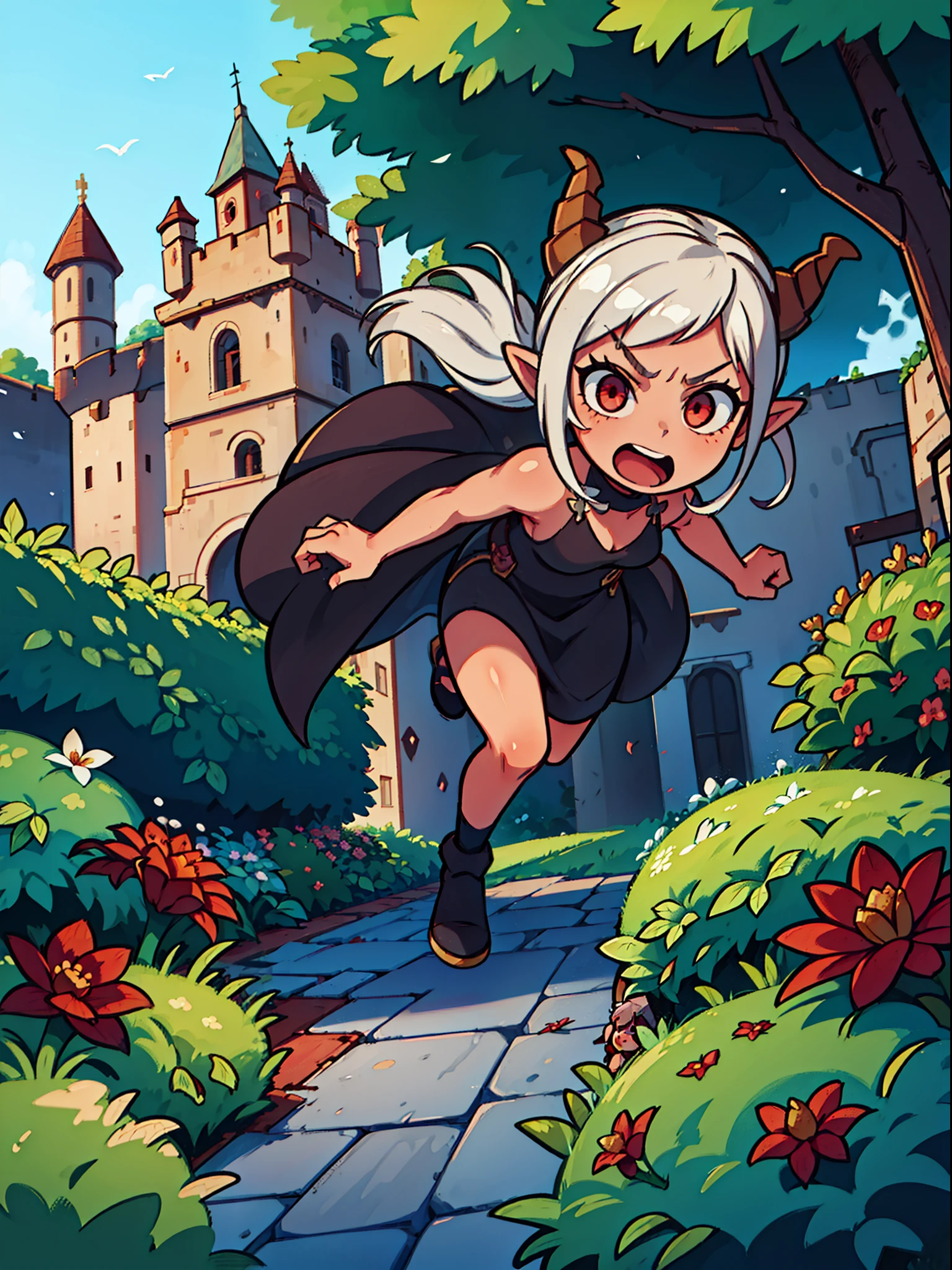 1girl 10 year,stanned skin,solo,serious,open mouth,((black dress)),small tits,white hair,medium hair,red eyes,elves ears,black horns,an outstretched hand,Detailed,(((running on the garden in a castle))),