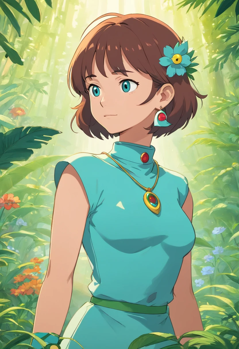 Bender from futurama wearing an anime collar, a long necklace and earrings, in the style of tranquil gardenscapes, colorful animation stills, masami teraoka, aquamarine, paul gauguin, Embry style, honest portrayal