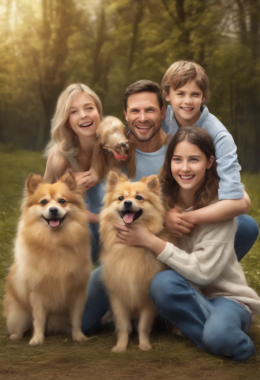 A family of happy humans with German spitz puppies playing