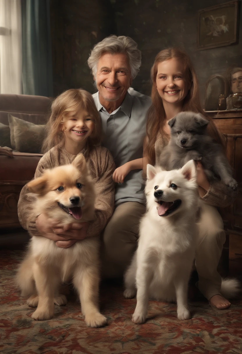 A family of happy humans with German spitz puppies playing