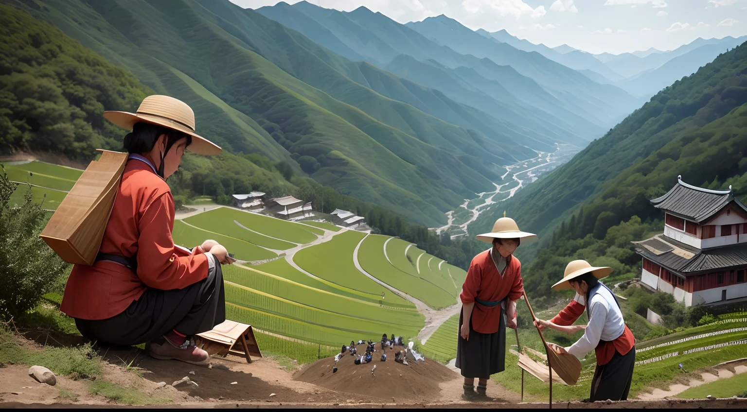 Chinese, villagers from a small village in the hills of China, planting trees on the slopes of the mountains.