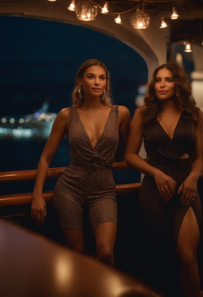 3 girls women nautical wear sweater slacks at the bar lounge luxury yacht carribean ocean night time (masterpiece:1.2) (photorealistic:1.2) (bokeh) (best quality) (deck party) (intricate details) (8k) (HDR) (analog film) (canon d5) (cinematic lighting) (sharp focus)