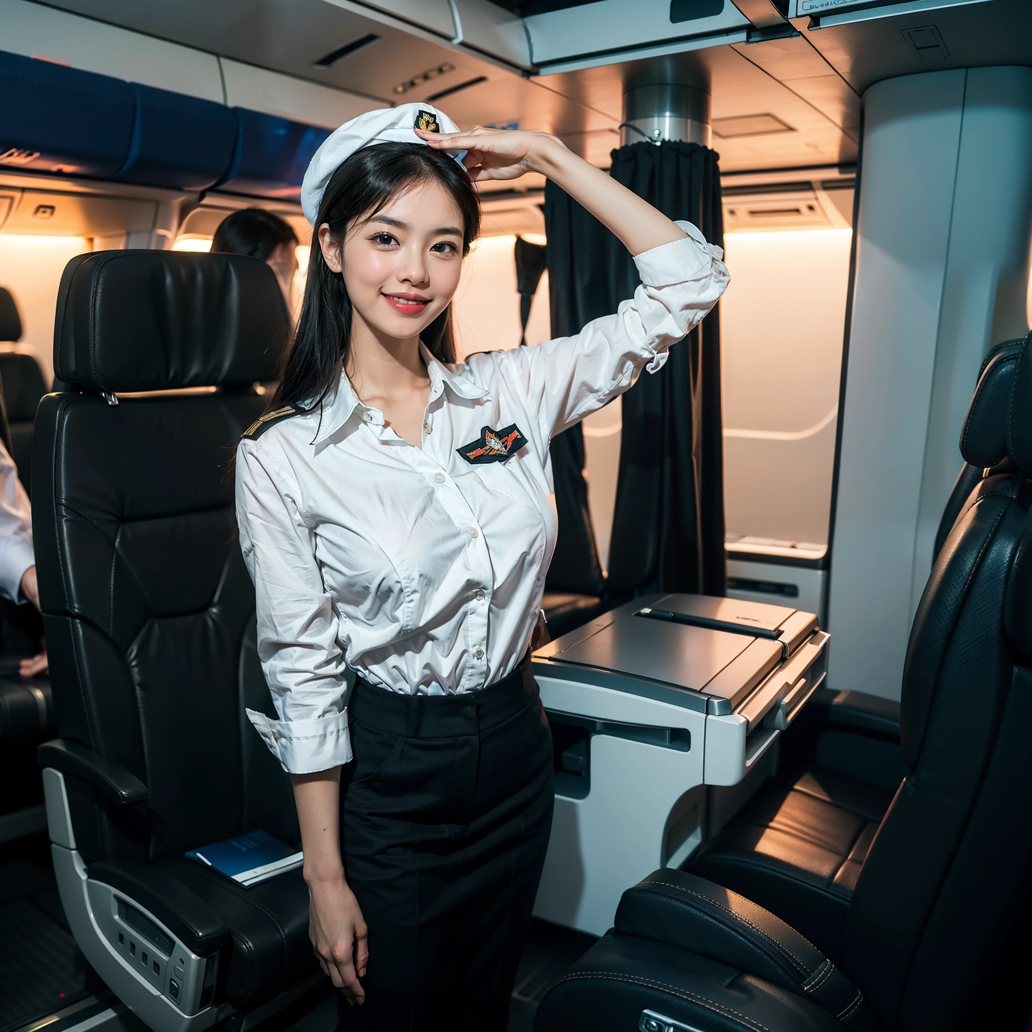 Medium shot of A young girl standing on plane cabin, inside plane cabin, standing on middle of plane cabin isle, stewardess, stewardess girl, one girl, one object, dress as stewardess, wearing blouses with shirt as undergarment, wearing stewardess uniform, wearing stewardess hat, elegant girl, asian girl, big breast, big boobs, slim body, smile, cute smile, only one object. Anatomically correct, super detail, high details, high quality, best quality, highres, great body proportion, perfect body proportion, no extra limb, accurate fingers, accurate limb