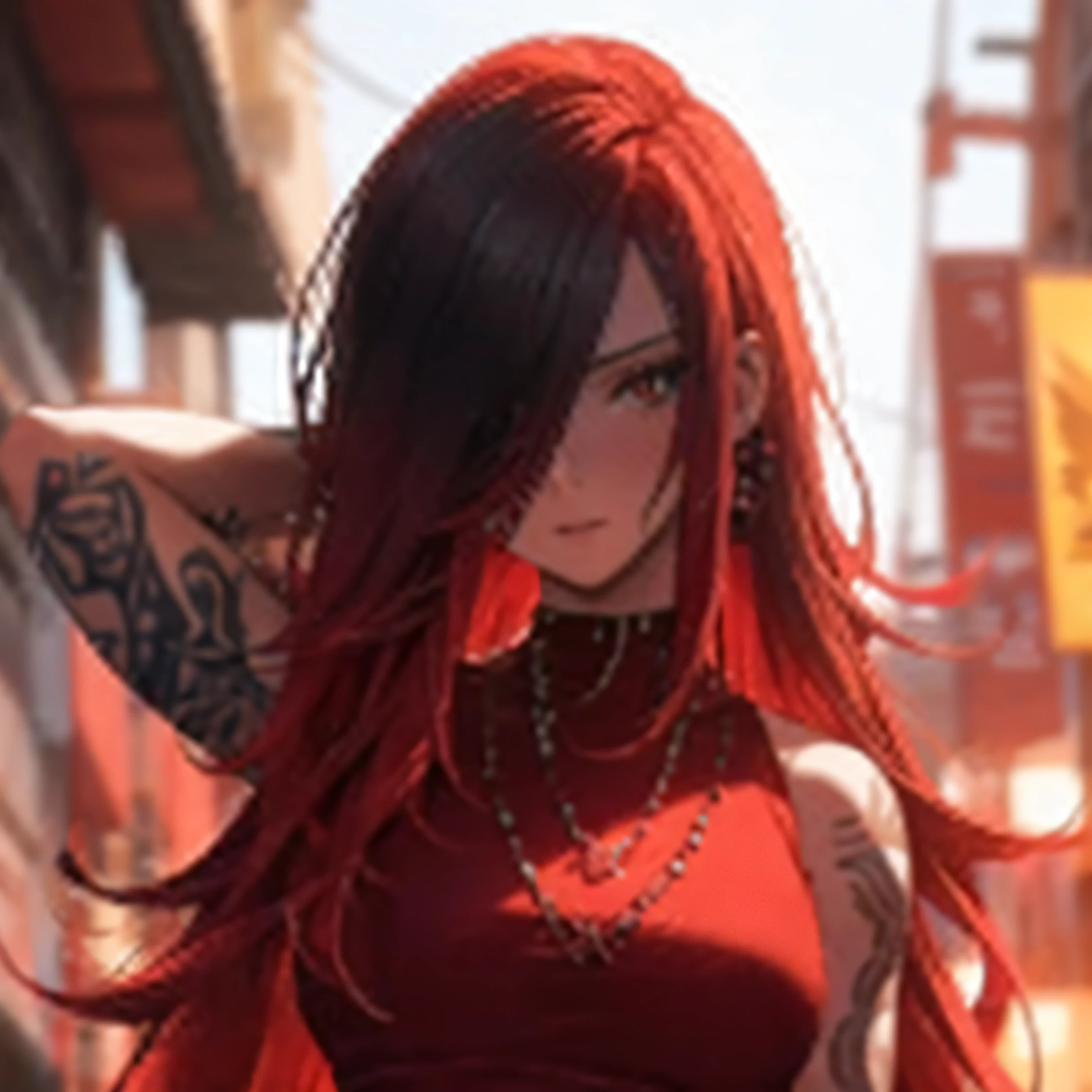 a close up of a person with red hair and tattoos, anime style 4 k, erza scarlet as a real person, trending on artstation pixiv, realistic anime 3 d style, anime girl with long hair, anime style. 8k, pixiv 3dcg, trending on cgstation, beautiful anime woman, realistic anime artstyle, anime woman,4k