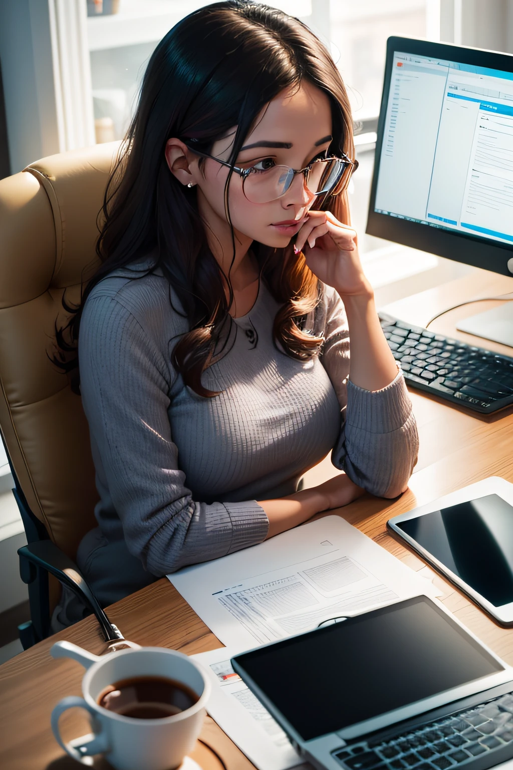 An image of an enterprising mother sitting in front of the computer, with multiple open screens with analysis of metrics and digital marketing strategies