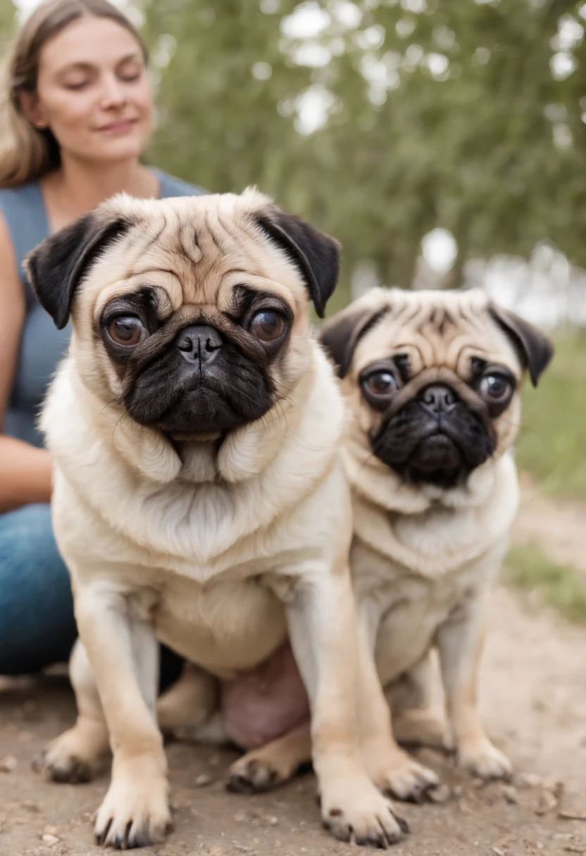 uma familia de humanos felizes com filhotes de pug brincando