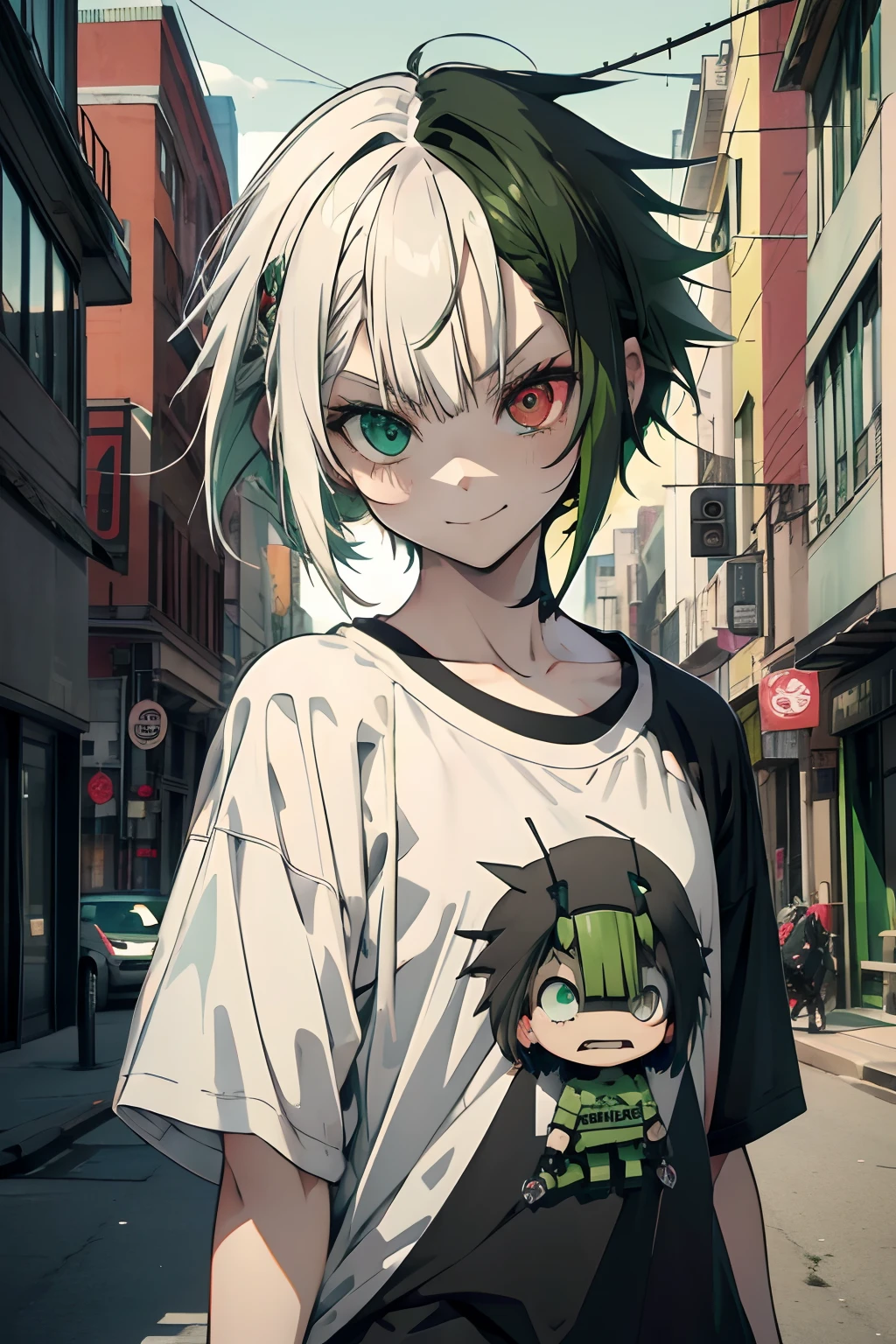 (((gir))),(middle body shot),(split-color hair),(split-color green hair and white hair),(Medium-Length Hairstyles),(Heterochromia), downtown, cute girl, urban upbringing,oversize black short sleeve t-shirt,1boy,niji,smile,mecha girl