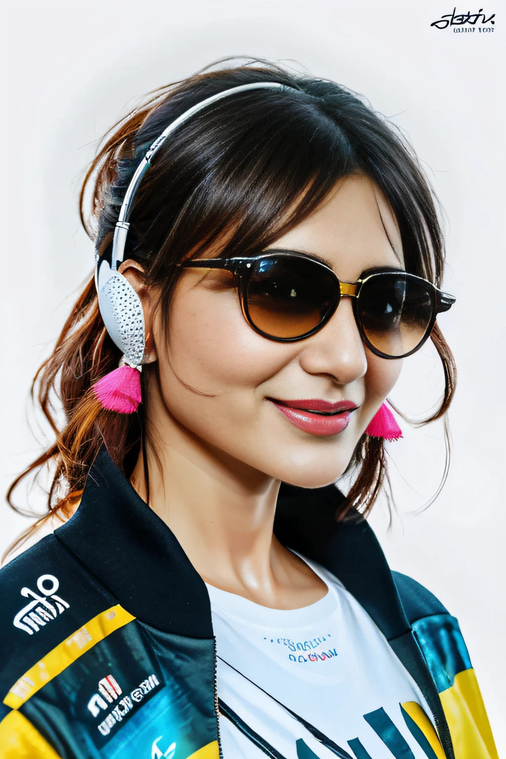 Perfect centering, A cute girl all over, Wear a student varsity jacket, Wearing sunglasses, Wearing headphones, cheerfulness, Standing position, Abstract beauty, Centered, Looking at the camera, Facing the camera, nearing perfection, Dynamic, Moonlight, Highly detailed, Digital painting, art stations, concept-art, smooth, Sharp focus, 8K, high definition resolution, illustration, Art by Carne Griffiths and Wadim Kashin, White background