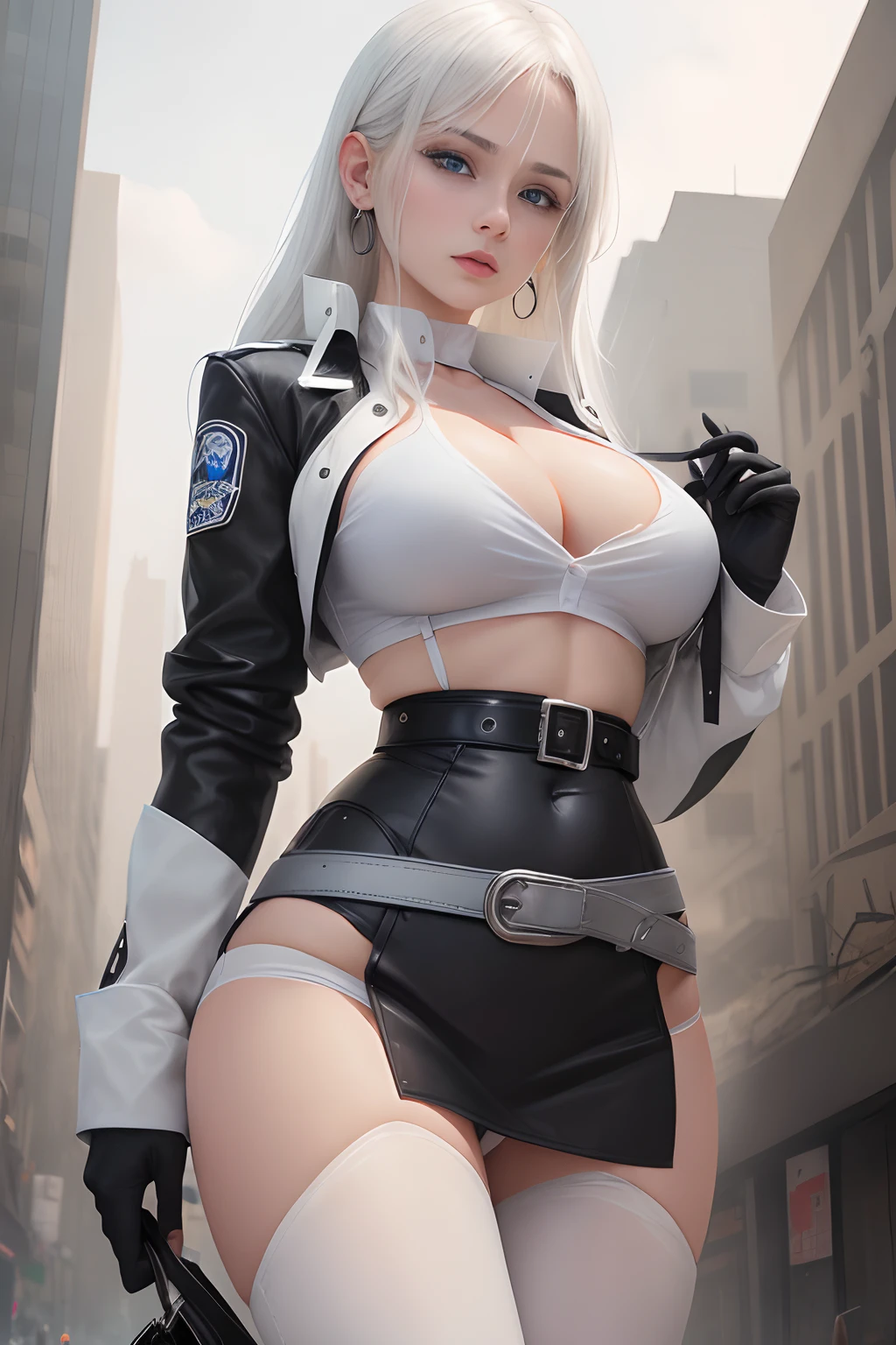 1girl, close up shot, (white hair, medium hair, large breasts, blue eyes), perfect anatomy, city, ((white shirt, black jacket, black skirt, navel, belt, black gloves, earrings, see through black leggings)), ruined city, rubble, buildings, --auto