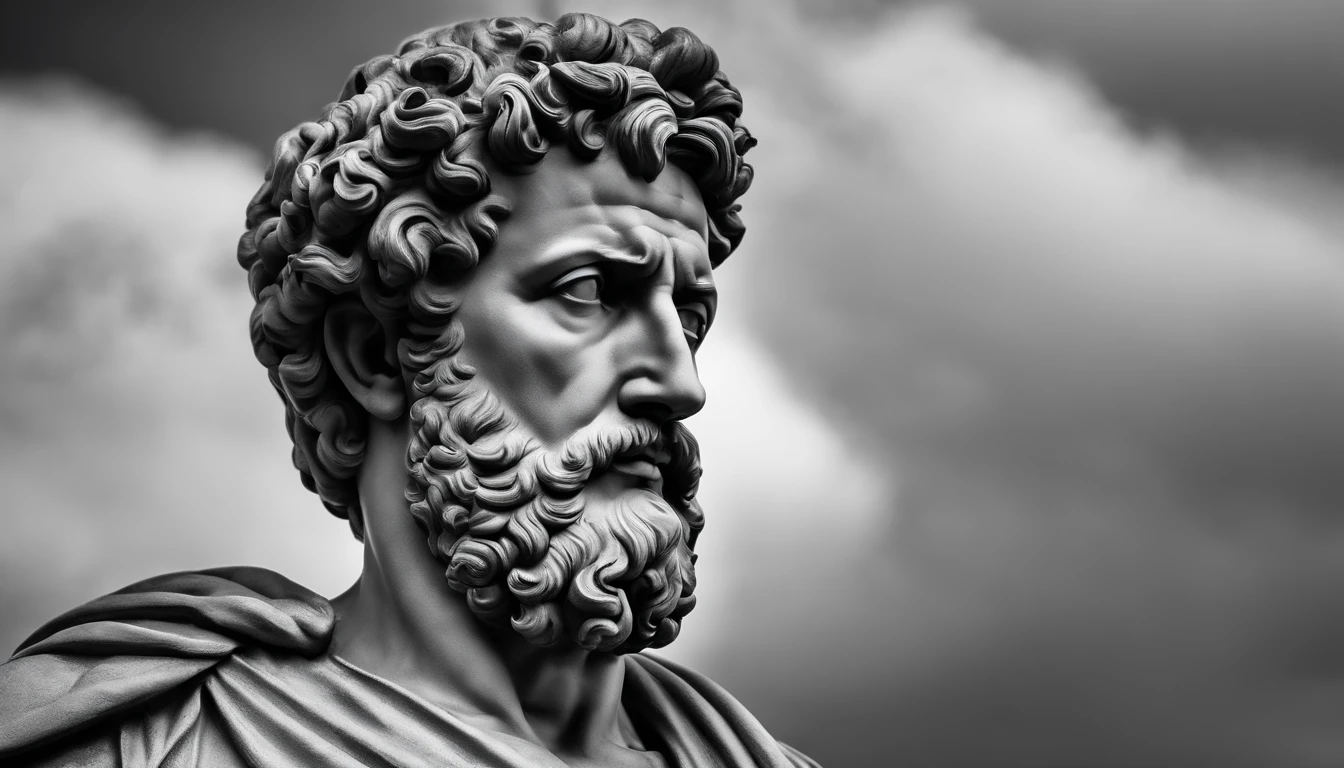 a portrait statue of the stoic Marcus Aurelius in black and white 4K,corpo todo ,forte,musculoso,sem camisa papel de parede super realista