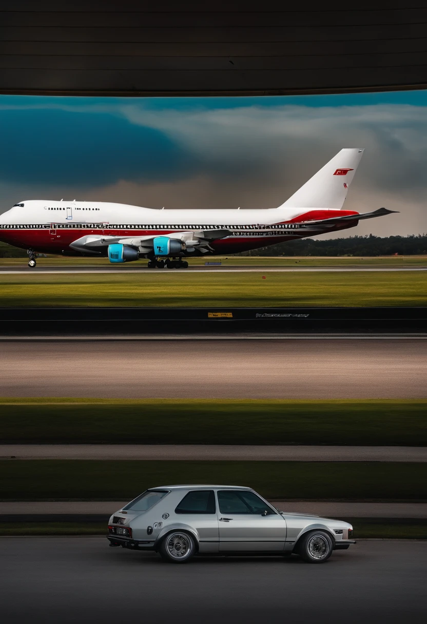 Tendo como pano de fundo um Boeing 747,A black Golf GTI is parked on the track,Dia nublado,Feeling of oppression