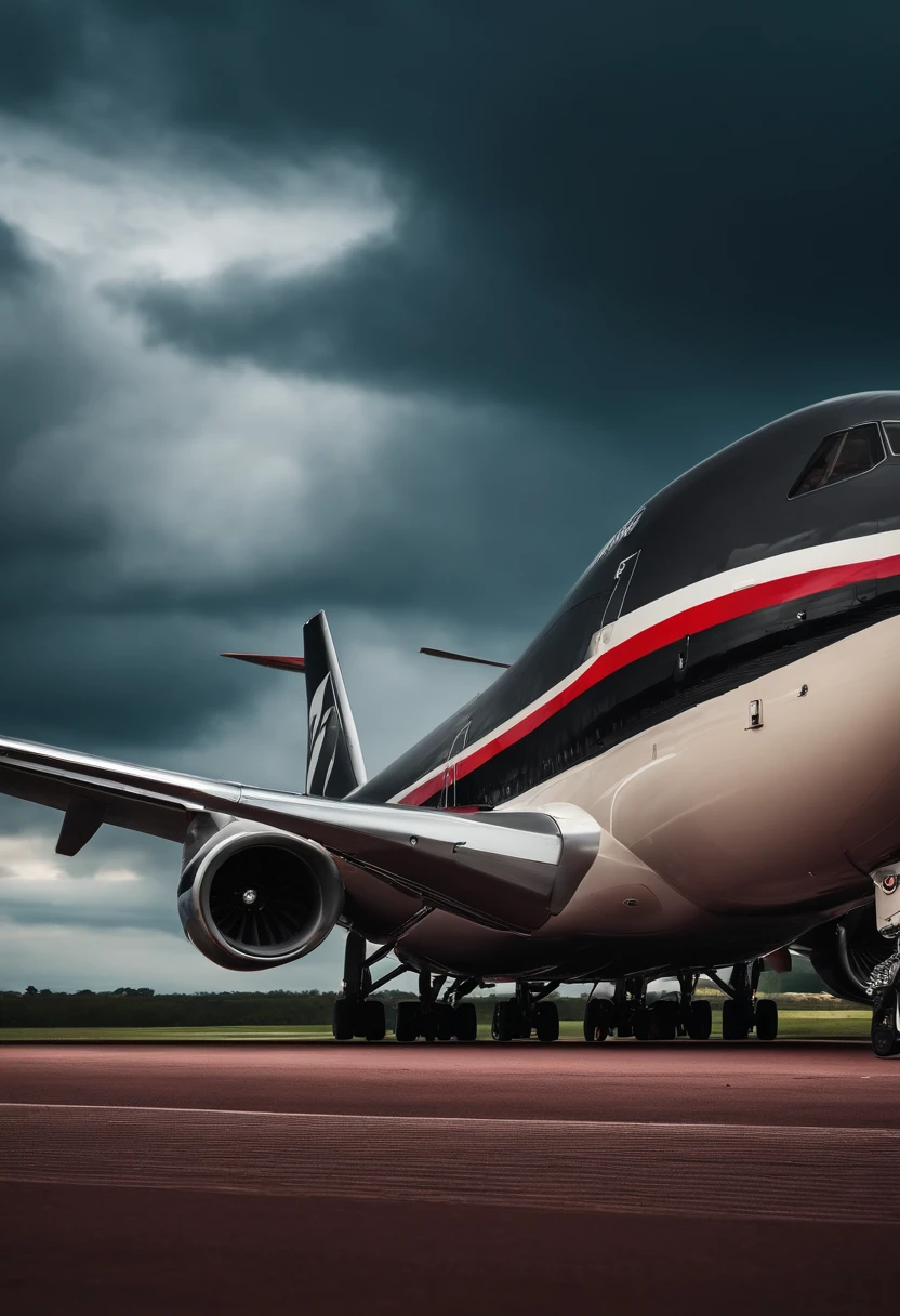 Tendo como pano de fundo um Boeing 747,A black Golf GTI is parked on the track,Dia nublado,Feeling of oppression