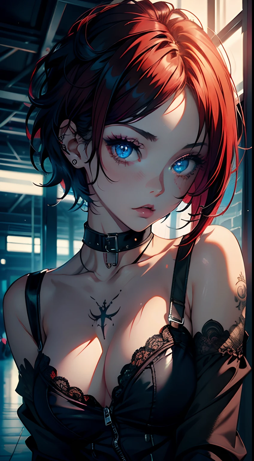 (masterpiece), best quality, emo, emo girl,sadgirl, red hair,cute, tatto, close up,short hair, blue eyes, black clothes, sensual, glowing eyes, asthetic,style, stylish