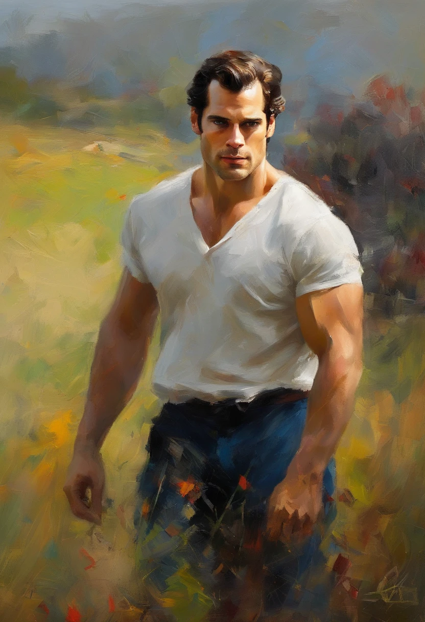 Henry cavill deitado na grama,sem camisa.