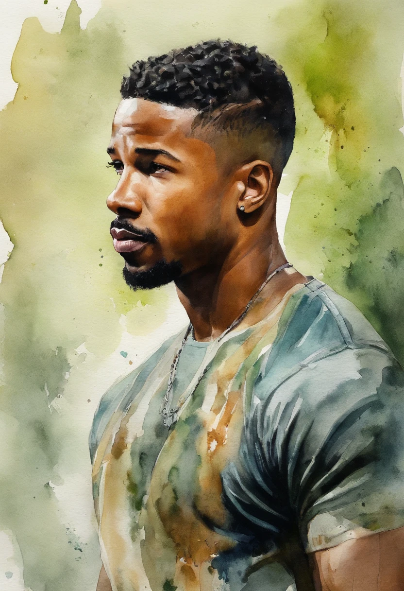 Michael b Jordan pelado sem roupas, músculoso,deitado sobre a grama verde.