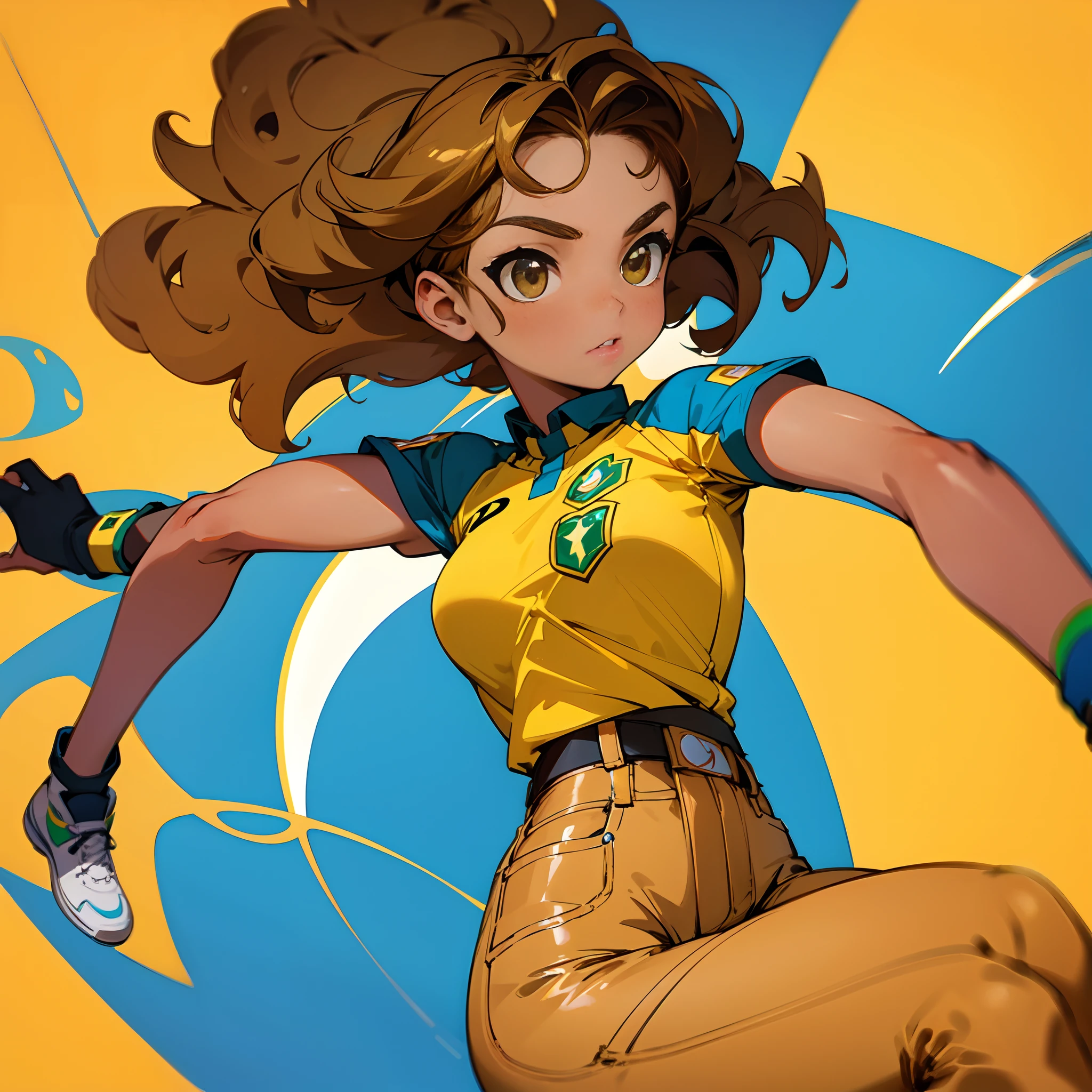 a girl with an anime style and a charming face, she has a beautiful Latin American beauty with curly hair and tanned skin. She has a tape tan on her body and curves that make her look stunning. The girl is wearing the uniform of the Brazil football team, which is a bright yellow color. She is also wearing short jeans and impeccable white sneakers.
