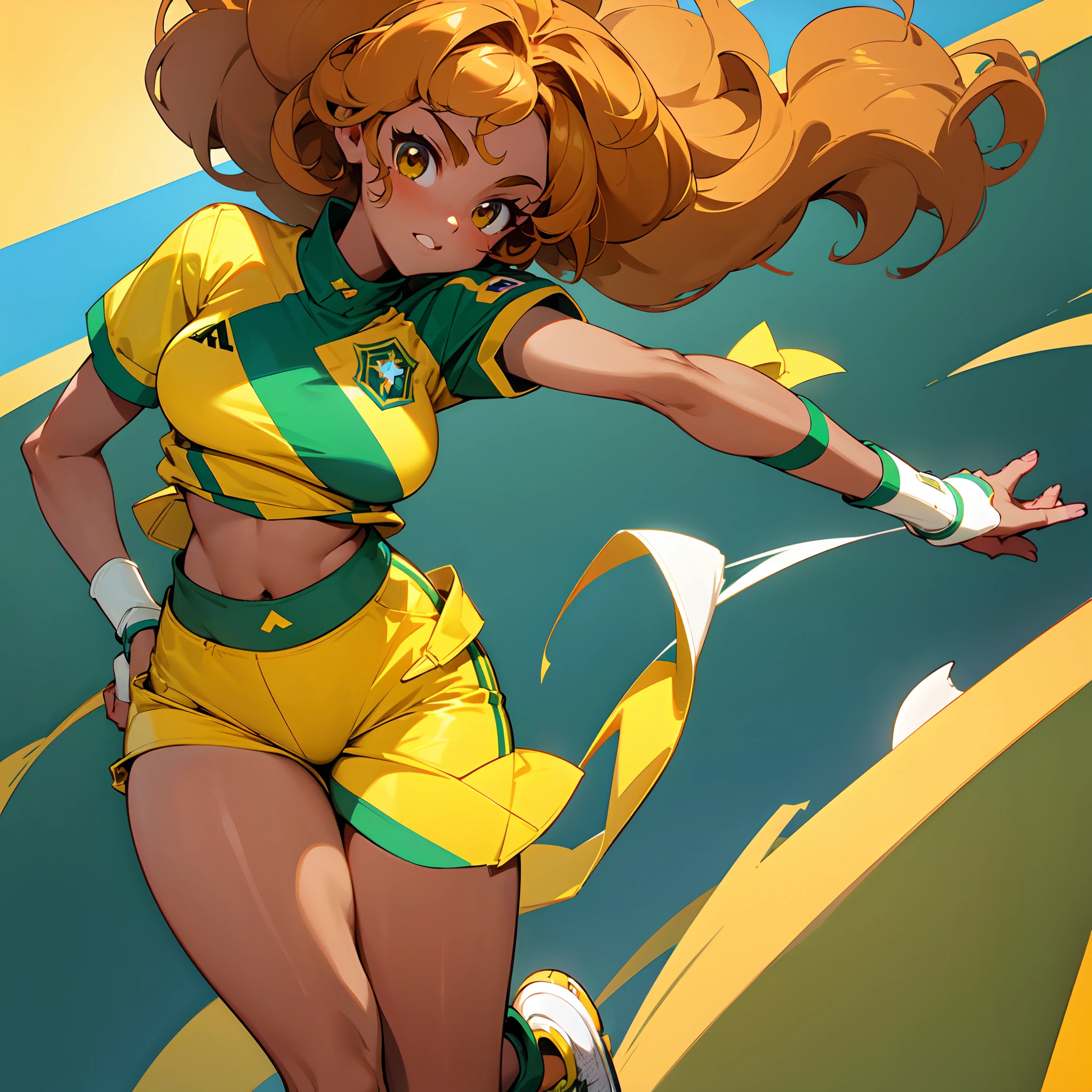 a girl with an anime style and a charming face, she has a beautiful Latin American beauty with curly hair and tanned skin. She has a tape tan on her body and curves that make her look stunning. The girl is wearing the uniform of the Brazil football team, which is a bright yellow color. She is also wearing short jeans and impeccable white sneakers.