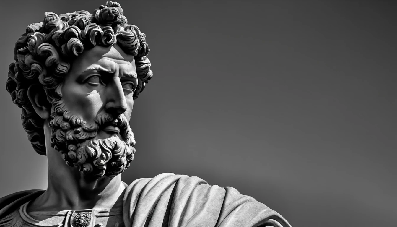 a portrait statue of the stoic Marcus Aurelius in black and white 4K,corpo todo ,forte,musculoso,sem camisa, corpo inteiro