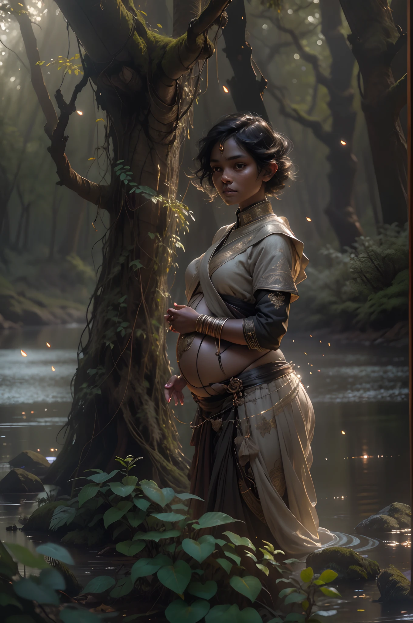 (light magic:1.2), (macabre:1.1) woods, springtime, (intricate details), Mirror River,(Ultra Detailed), 8K HDR, higly detailed, a lot of details, hiquality,Tyndall effect, (colored:1.3), Dark-skinned Indian female warrior hiding from everyone in the forest. short black hair, gray eyes, Big nose, broad shoulders and large breasts, Strong muscles,. Weapon dropped, Standing by the river, Holding a pregnant belly. Peaceful, calm scene, emotional, high-quality, The beauty of nature, soft-lighting, Engaging Scene