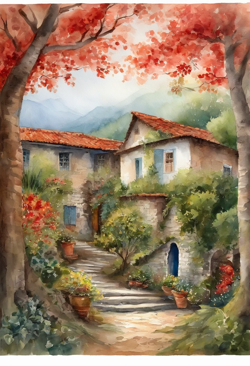 Antigo complexo residencial,Red brick building,Large banyan tree,Pavimento limpo,fallen-leaves,outonal,in the early morning,Tons amarelos claros,super-fino,Cuidadosamente retratado,alta qulidade,8k,Miyazaki animation style