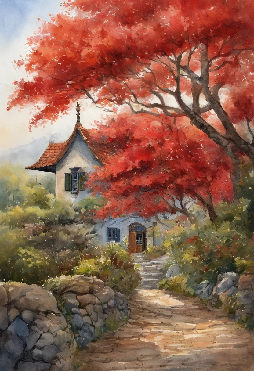 Antigo complexo residencial，Red brick building，Large banyan tree，Pavimento limpo，fallen-leaves，outonal，in the early morning，Tons amarelos claros，super-fino，Cuidadosamente retratado，alta qulidade，8k，Miyazaki animation style
