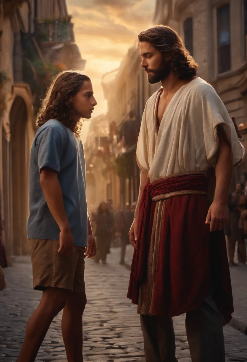 Ultrarealistic image of 21st century young man meeting Jesus Christ on the streets of a city