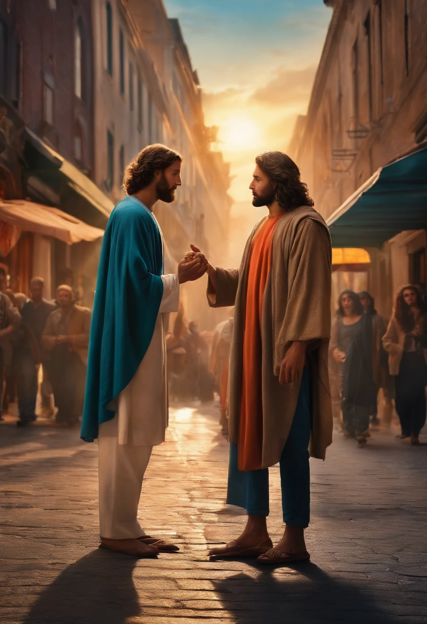 Ultrarealistic image of 21st century young man meeting Jesus Christ on the streets of a city