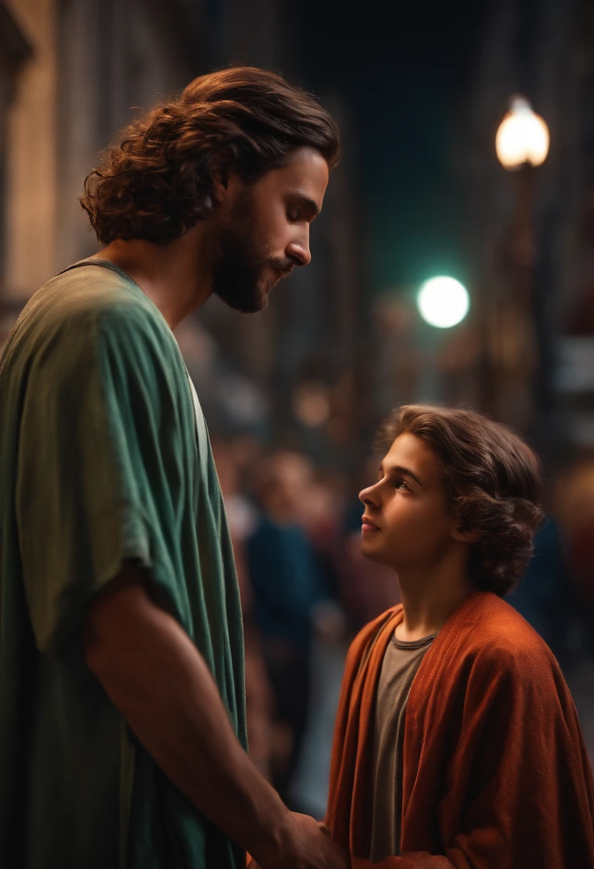 Ultrarealistic image of 21st century young man meeting Jesus Christ on the streets of a city