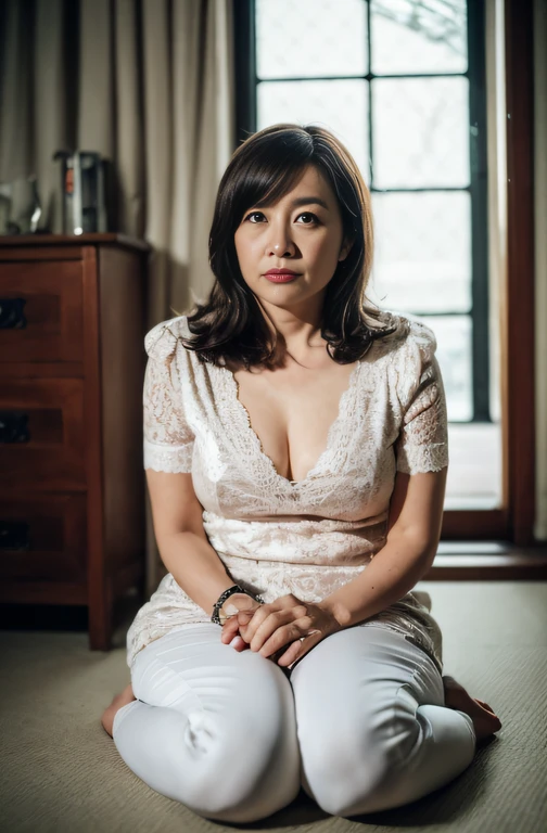 ((Best Quality, 8k, Masterpiece, Portrait: 1.3)), (looking at viewer),Photorealistic, Sharp Focus, Solo, Japan Milf, Beauty, Clothes with Cleavage View, 30 Years Old, Wavy Hair, Wrinkles at the Corners of the Eyes, ((Open your legs wide:1.5, Sit one knee up:1.5, show crotch)), (loose waist:0.5), darkness nobody room,