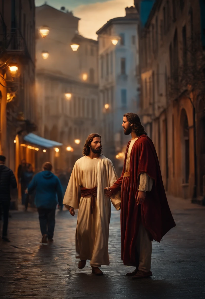 Ultrarealistic image of 21st century young man meeting Jesus Christ on the streets of a city