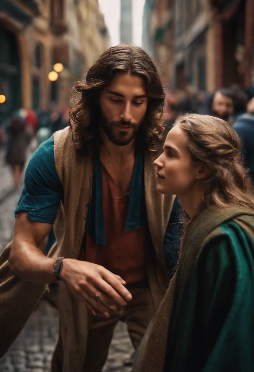 Ultrarealistic image of 21st century young man meeting Jesus Christ on the streets of a city