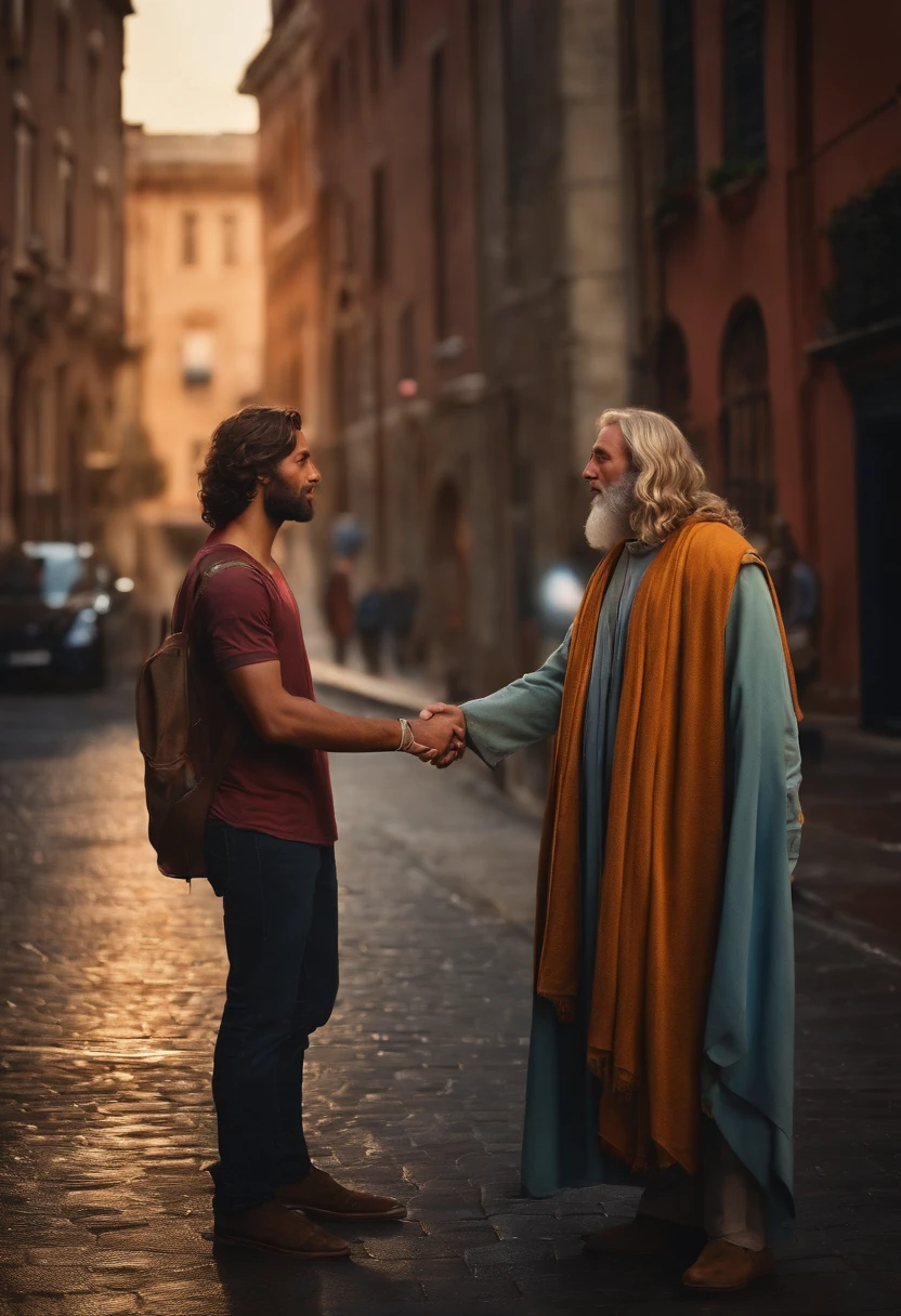 Ultrarealistic image of 21st century young man meeting Jesus Christ on the streets of a city