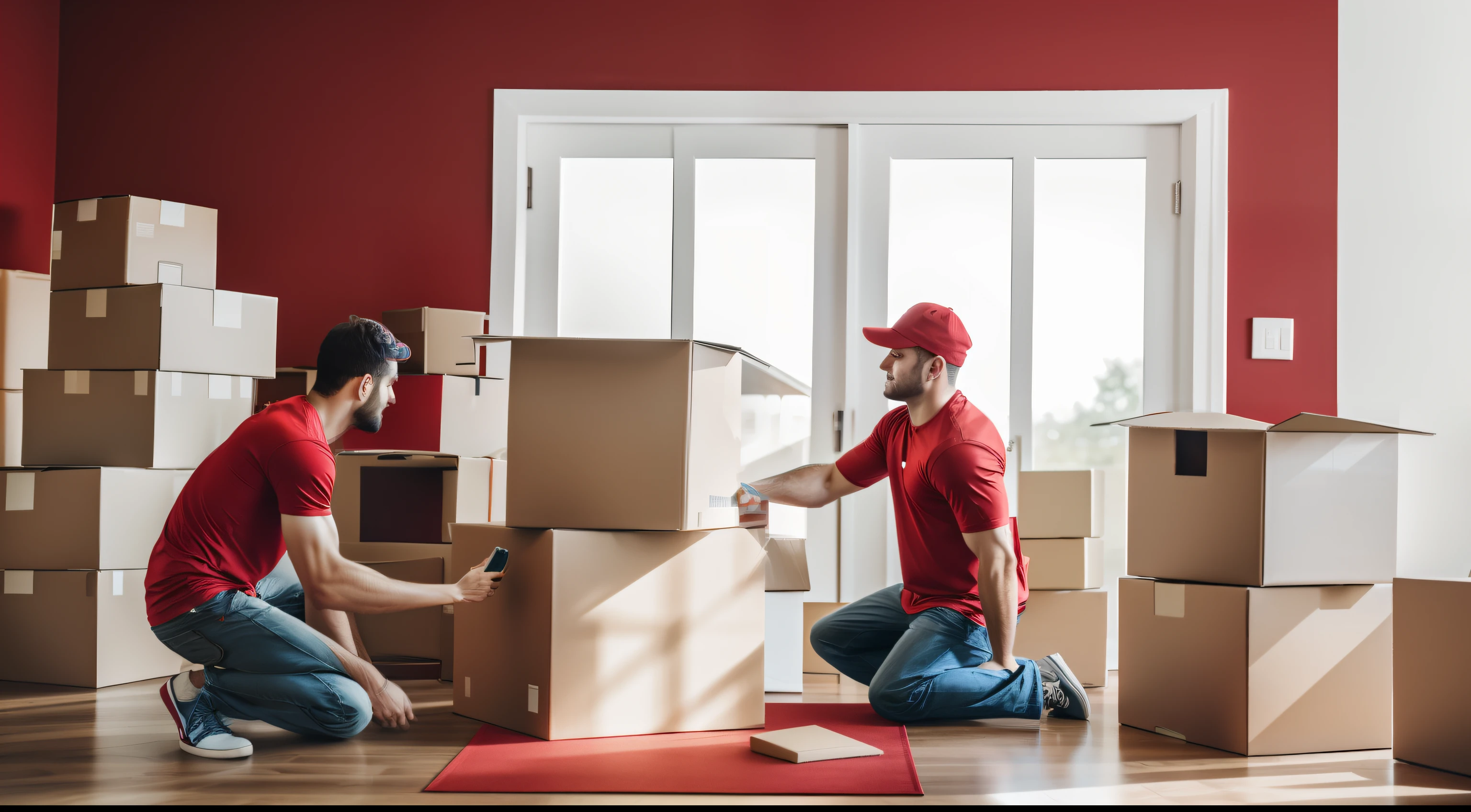 photography of moving to another house, in a house, interior, people are working, moving boxes, carrying boxes, wearing red cap and red t-shirt, reality, photoshoot, photography, normally photo, photo by phone, natural, low contrast, low saturate