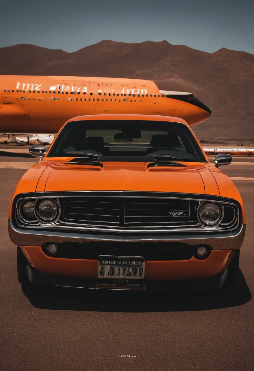 Tendo como pano de fundo um Boeing 747 iron maiden ,An orange Dodge Challenger is parked on the track,Dia nublado,Feeling of oppression