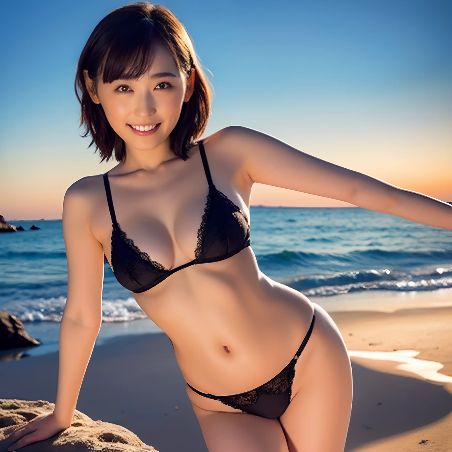 White sandy beach、Standing at the edge of the wave、a dark night、Orange sky、With the sunset in the background、***e *********** s、hi-school girl、****、a *********、White bra、Black panties、Unbalanced underwear、Sheer underwear、Small underwear、Wet and see-through underwear、large full breasts、A slender、big breasts thin waist、Bery short hair、full body Esbian、top-quality、8K、no-makeup、​masterpiece、超A high resolution、Photorealsitic、ssmile、Ekbo、Raise your arms、Show armpit hair、