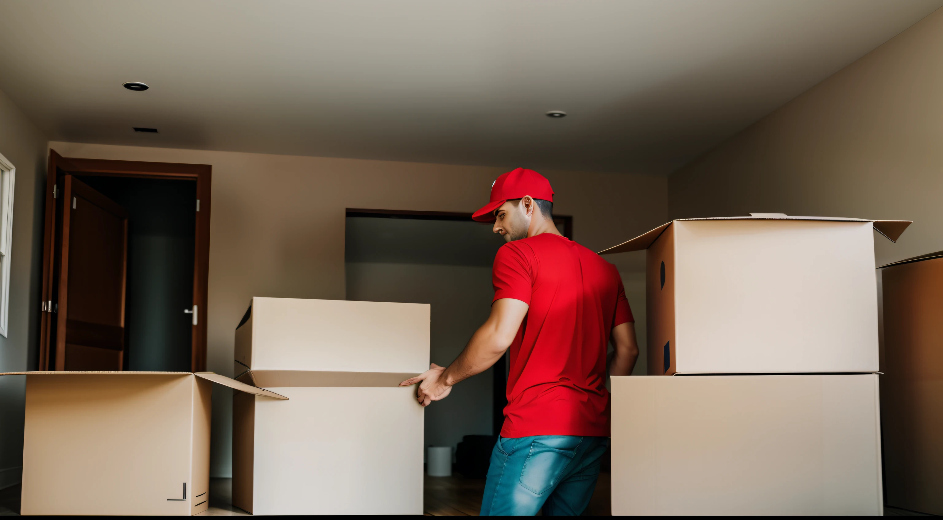 photography of moving to another house, in a house, interior, people are working, moving boxes, carrying boxes, wearing red cap and red t-shirt, reality, photoshoot, photography, normally photo, photo by phone, natural, low contrast, low saturate