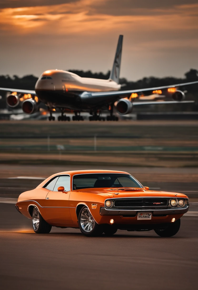 Tendo como pano de fundo um Boeing 747 iron maiden ,An orange Dodge Challenger is parked on the track,Dia nublado,Feeling of oppression