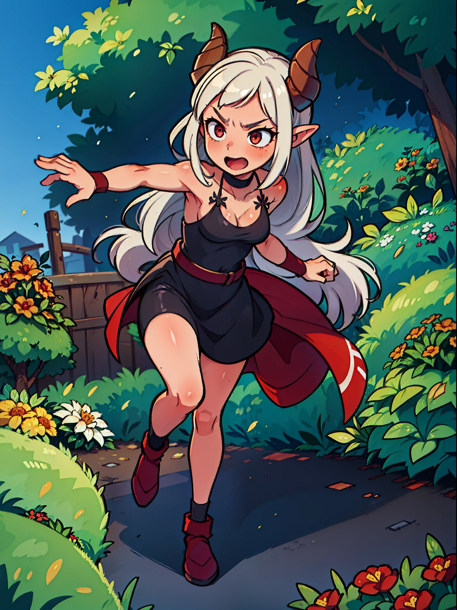 1girl ,solo,10 year,stanned skin,solo,serious,open mouth,((black dress)),small tits,white hair,medium hair,red eyes,elves ears,black horns,an outstretched hand,Detailed,(((running on the garden))),