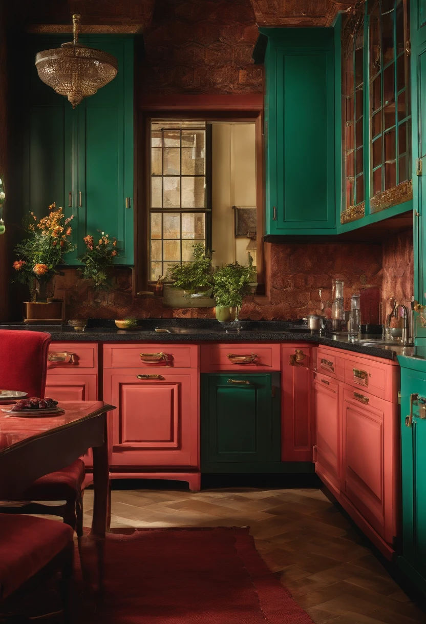 fazer uma cozinha grande, with stove, lockers, geladeira, uma mesa de centro com cadeiras