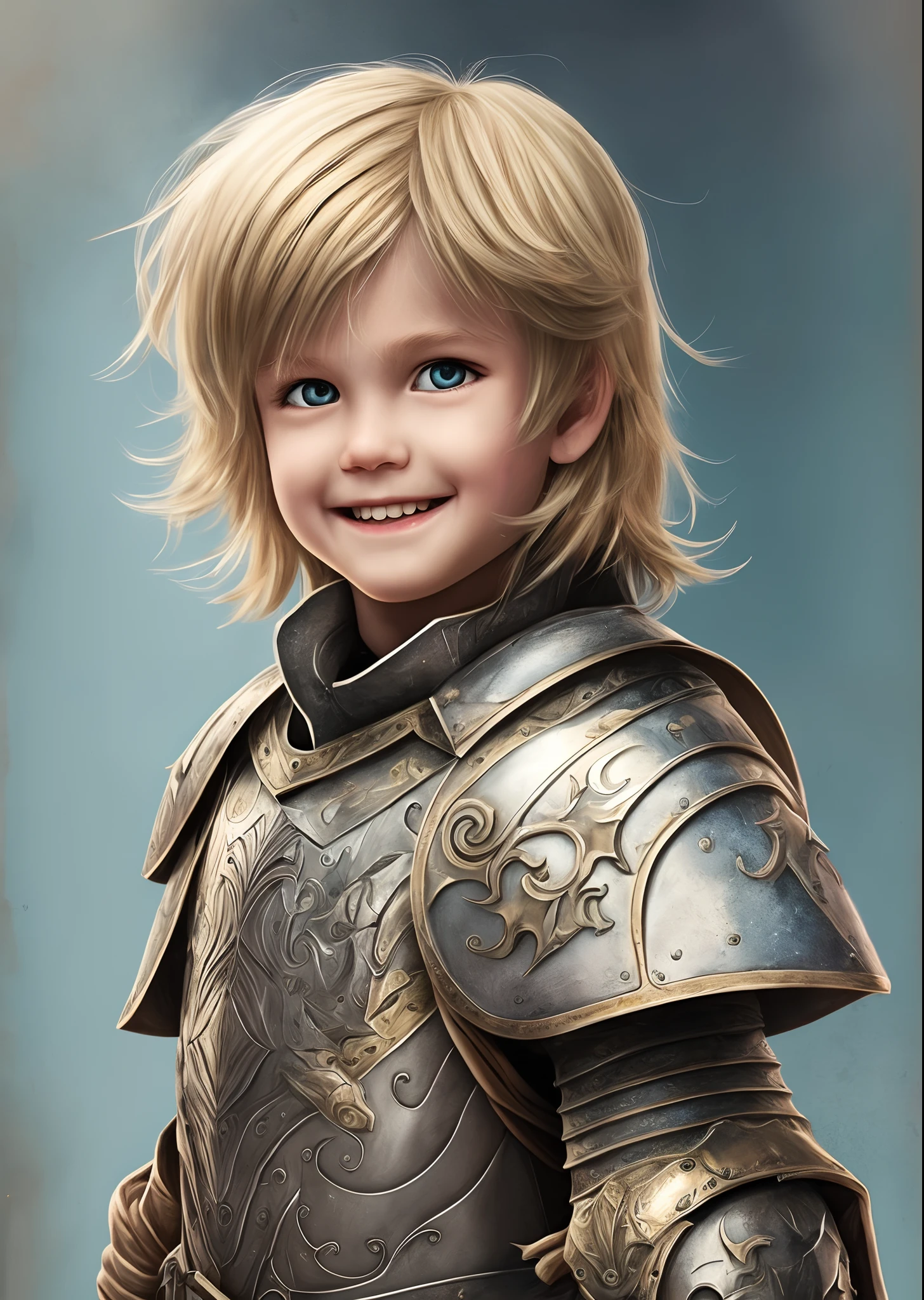 a blond wearing knight armor, happy face expression, realistic art --auto --s2