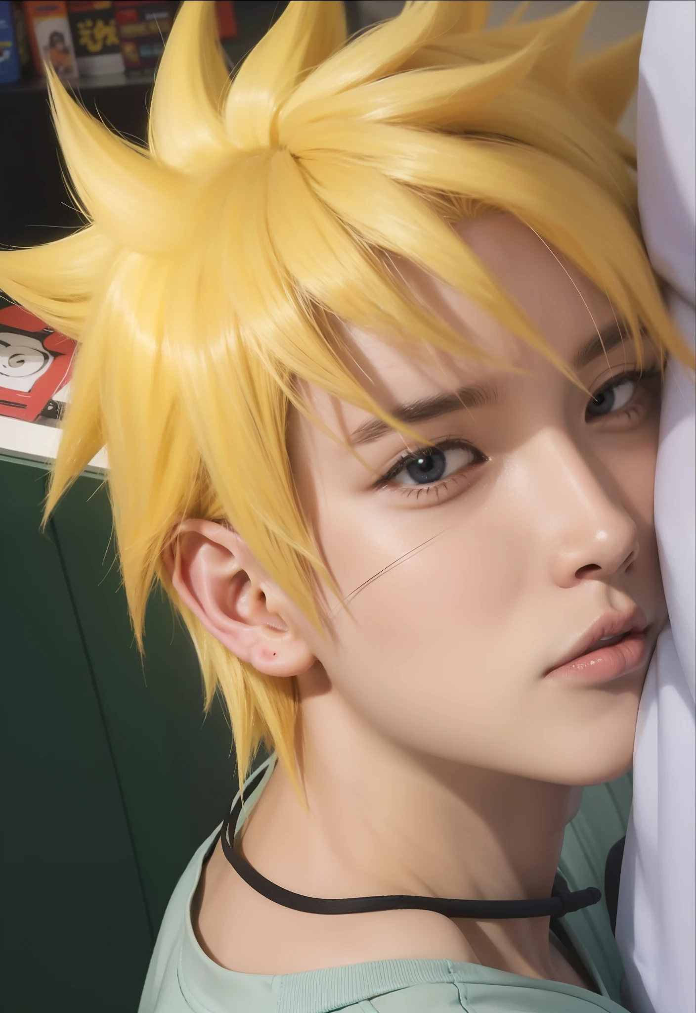 life adaption of this character,his name is Naruto uzumaki from anime Naruto,Korean handsome face,(sleepy expression),realistic yellow messy hair ,realistic light,realistic shadow,hyper realistic,realism,(photorealistic:1.2)