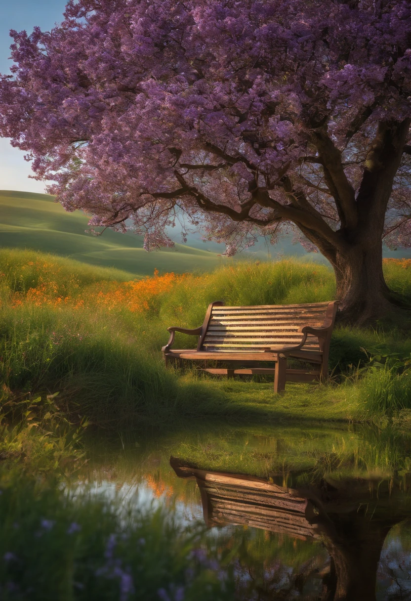 A Tree on hill, tree with lots of leaf, man sit alone, man in peace, blue sky, lots of grass, violet flowers, orange flowers, crystal flowers, dispersal flowers in prairie, 8K, realistic, sunshine in corner of picture, little lake among prairie, reflection in water,