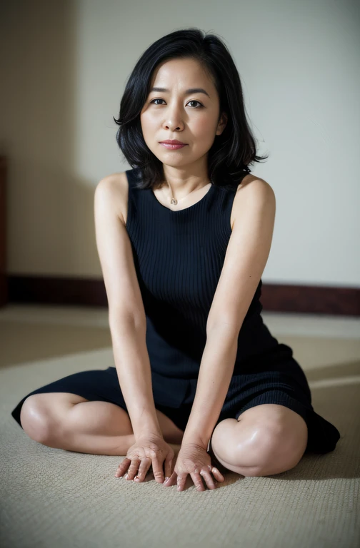 ((Best Quality, 8k, Masterpiece, Portrait: 1.3)), (looking at viewer),Photorealistic, Sharp Focus, Solo, Japan Milf, Beauty, Clothes with Cleavage View, 30 Years Old, Wavy Hair, Wrinkles at the Corners of the Eyes, ((Open your legs wide:1.5, Sit one knee up:1.5, show crotch)), (loose waist:0.5), darkness nobody room,