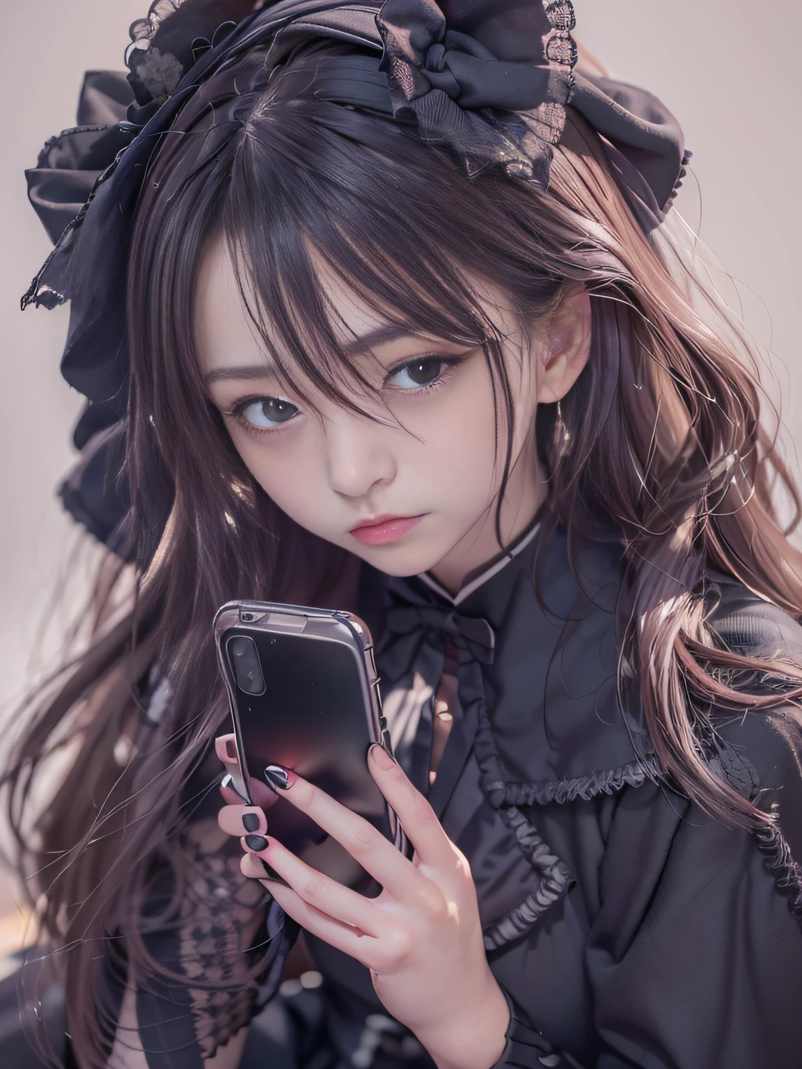 Masterpiece, best quality, high quality, ultra detailed, cowboy shot, 1girl, blunt bangs, hime cut, (((long twin-tails))), black hair, black eyes, jirai fashion, lots of earring, tearful eyes, sad, blood-stained bandage round arm, menhera, holding smartphone, send you large number of messages