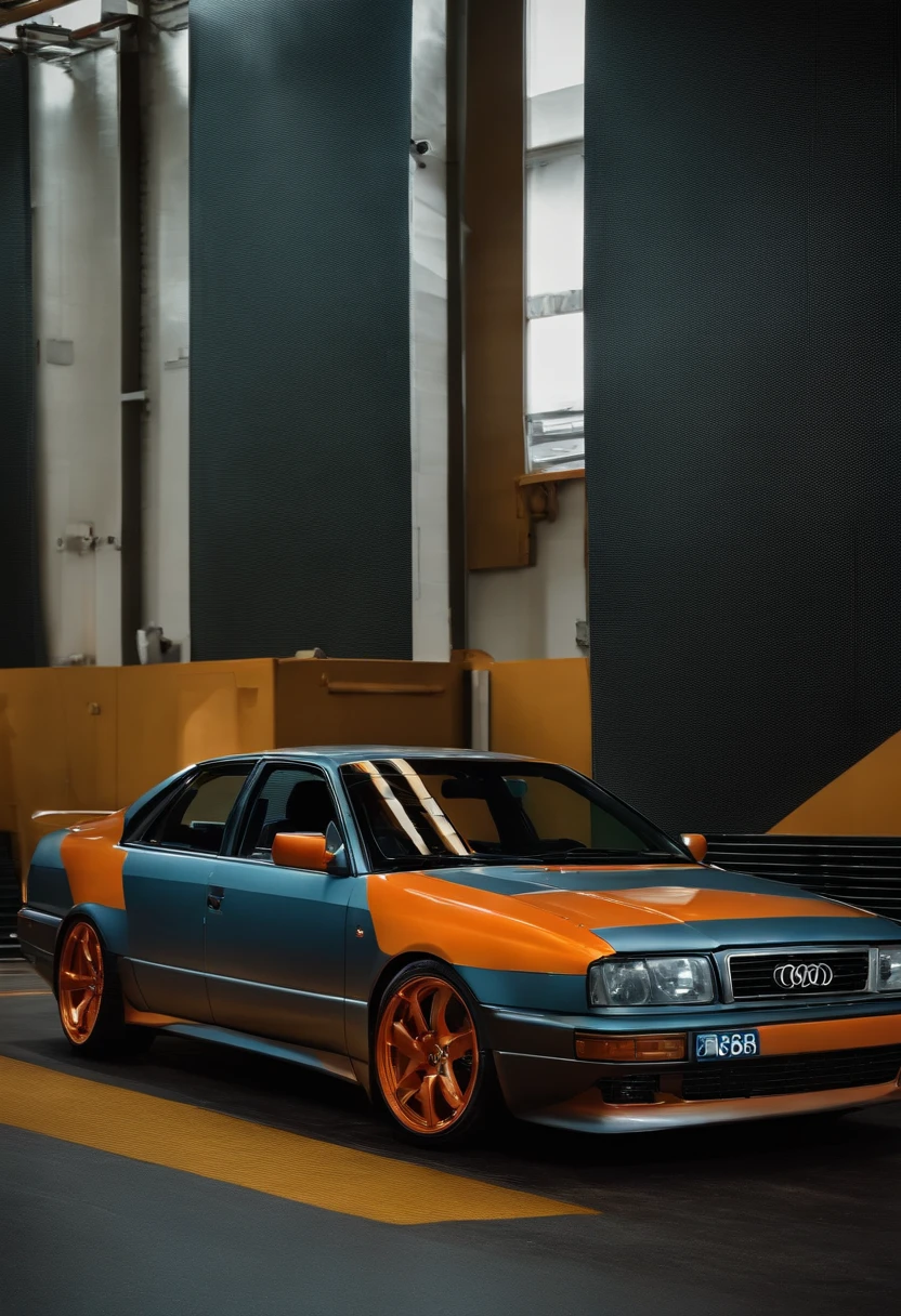 Tendo como pano de fundo um Boeing 747 iron maiden ,An orange audi a3 is parked on the track,Dia nublado,Feeling of oppression